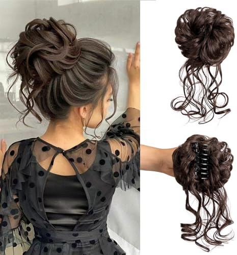 Claw Clip Messy Bun Hair Piece Tousled Updo Hair Buns Extension Elastic Hair Band Hair Pieces Curly Scrunchie For Women (Dark Brown)
