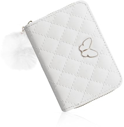 Energather Women's Purse, PU Leather Ladies Credit Card Holders for Women and Girls, Cute Small Purse with Fur Ball Women Wallets for Shopping, Dating, Travel (White)