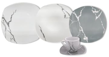 Omniacasa Servizio di Piatti in Porcellana Resistente, Set 31 Pezzi per 6 Persone, Design Marmorizzato Colore Bianco e Grigio con Tazzine da Caffè, Lavabile in lavastoviglie, Idea Regalo