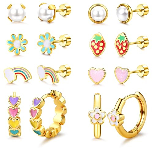 Roheafer 8 Paar Ohrringe Set für Mädchen Damen 316L Chirurgenstahl Ohrringe Gold Hypoallergene Medizinische Ohrstecker, Herz Blume Regenbogen, Ohrringes Gold Creolen