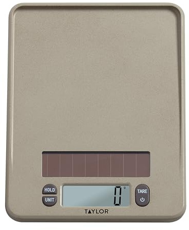 Taylor Light Powered Digital Kitchen Scale, Coffee Husk Blend Material, Solar Panel with Endless Power, No Batteries Needed, Energy-Saving, 11lb Capacity, Beige