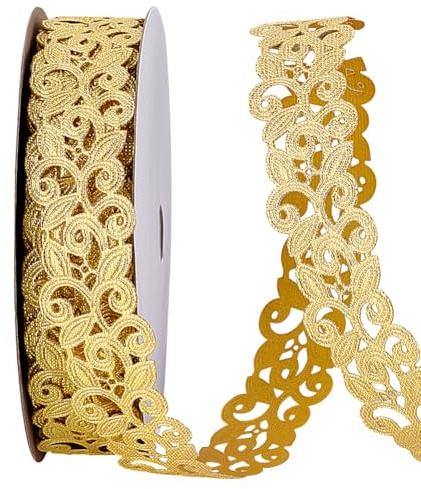 PH PandaHall 20 meter guld spetskant för sömnad, 25 mm blommigt trimband | Broderi jacquardtrimmer, polyester, applikation sömnad trim utsmyckningar för kostymer klänningar hatt dekoration