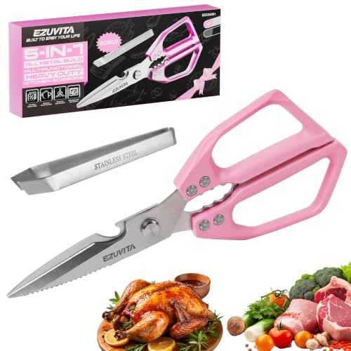 EZUVITA 5-in-1 Multifunctional Heavy-Duty Kitchen Scissors with Tweezer, All Purpose Kitchen Shears with Stainless Steel Blades, Dishwasher Safe Poultry Shears (Pink)