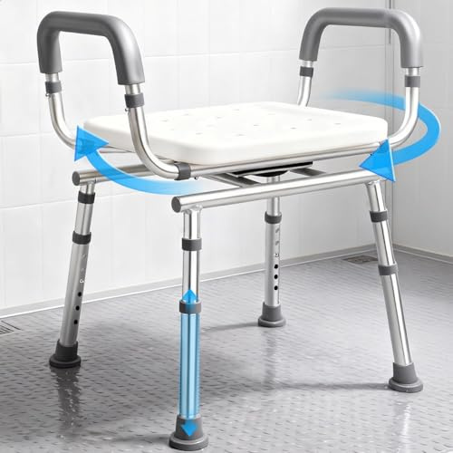 Sedia da doccia girevole con braccioli e schienale, resistente sedia da doccia per anziani e disabili, sedia da doccia per interni e sedile per vasca da bagno, per adulti