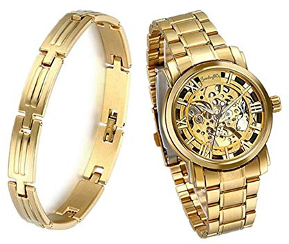 JewelryWe - Reloj de pulsera para hombre - Movimiento mecánico - Cuadrante color oro - Manecillas color oro - Pulsera de acero inoxidable color oro Set