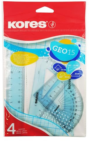 Kores - Geo15: 4-teilges Mathematik-Set für Schüler, Kunststoff Geometrie Set mit Lineal, Winkelmesser und Zeichendreieck, Schulbedarf, Set in Sortierten Farben