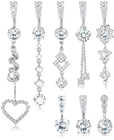 FIBO STEEL 8Pcs Belly Button Ring for Women Dangle Belly Rings Surgical Steel Cute Heart Flower Dainty Dangly Belly Button Piercing Jewelry Navel Ring Silver Plated 14G