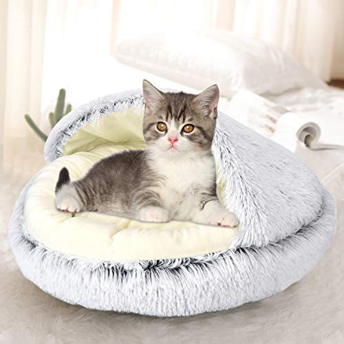Queta Cama Redonda para Gatos y Perros Pequeños, Medianos - Lavable, Cojín Cálido, Mullido, Semirodeado en Forma de Donut para Mascotas - Gris