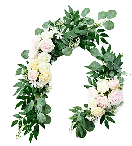 HLTER Hochzeitsbogen-Blumen-Set, 2 Stück, künstliche rosa Rosen mit grünen Blättern, große Kunstseide, Blumenarrangement, Girlande, Dekoration