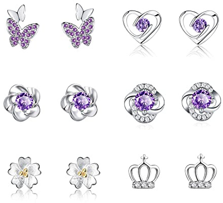 GUROTD 6 Pairs Sterling Silver Stud Earrings - Tiny Flower Heart Butterfly Designs, Hypoallergenic, Cubic Zirconia Diamond Cartilage Earrings Set