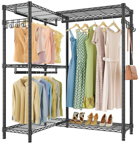 VIPEK L4 L Shaped Clothes Rail for Corner, 3 Hanging Rods Freestanding Wardrobe Closet with Shelves and Side Hooks, Heavy Duty Clothes Rail for L‑Shape or Horizontal Style, Max Load 367 kg, Black