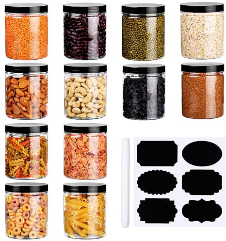 BELLE VOUS 12 Pack of Clear Plastic Storage Jars with Lids, Labels & Pen - 500ml/17oz Airtight Containers - Refillable Jars for Kitchen Dry Food Storage, Spices, Peanuts and Craft Supplies