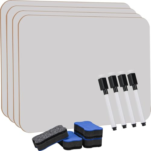 Hisredsun 4 Stück A4 Whiteboard Klein mit 4 Stiften und 4 Radiergummis | Kleines Whiteboard, Mini Whiteboard, Abwischbare Tafel für Klassenzimmer, Zuhause und Büro
