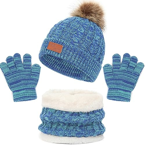 Baynetin 3Pcs Kids Winter Beanie Hat Scarf Gloves Set for 2-8 Years Old Boys Girls. Winter Accessories Sets for Children Outdoor Sports, Knit Thick Warm Fleece Lined Thermal Sets (Blue)