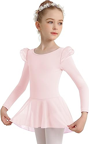DANSHOW Girls Ballet Leotard for Dance Long Sleeve Water-drop Hollow Back Mesh Skirt Dance Leotard(Toddler/Little Girl/Big Girl)(23823-08-M)