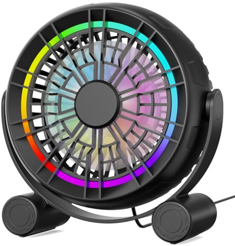 Punoge USB-RGB-Schreibtischventilator Leiser tragbarer Tischventilator kleiner Ventilator 3 Geschwindigkeiten, 360° drehbar, 8 farbige LED-Lichter, für Heimbüro, Schreibtisch, Schlafzimmer