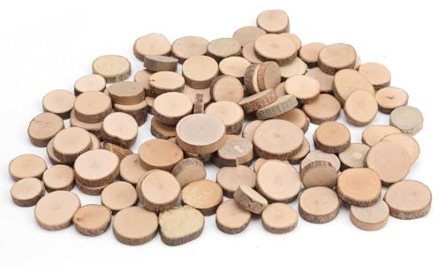 Discos de madera para manualidades, decoración pequeña, 100 unidades, discos de madera para manualidades, pequeños discos de madera, placa de madera, redondos, 1-2 cm, discos de árbol sin terminar,