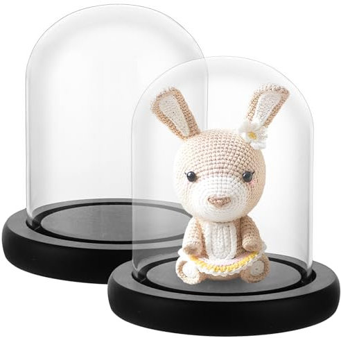 AKOLAFE 2 campane in vetro con fondo in legno, colore nero, altezza 10 cm, decorazione a cupola in vetro, diametro 8 cm, trasparente, decorazione per bambole, candele, oggetti da collezione