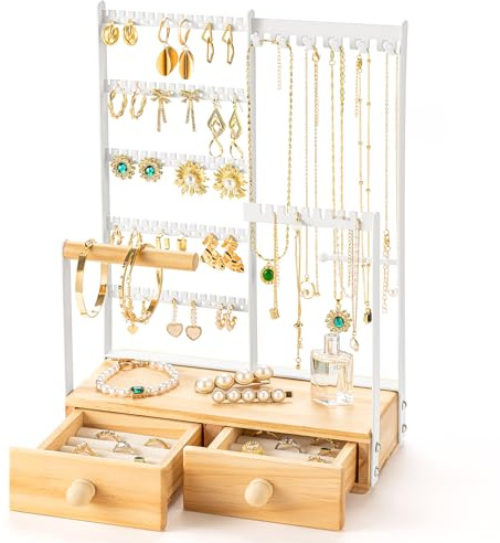 DreamGenius Jewelry Organizer Stand with 2 Velvet Ring Holder Drawers, 5 Tier Jewelry Holder Organizer with 11 Hooks for Necklaces and 145 Holes for Earrings, White