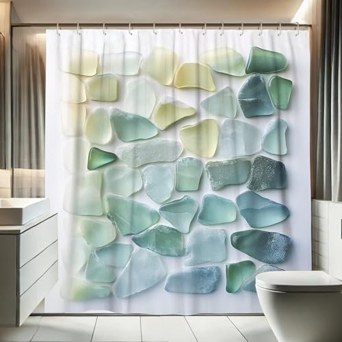 Cortina de ducha con piedras de cristal, color verde aguamarina y piedra de cristal transparente, cortina de ducha para decoración de baño, estilo costero moderno, juego de cortina de ducha de tela