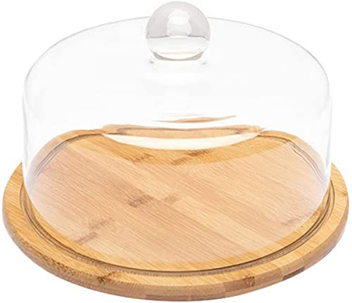 XWBLDBDFC Bell Jar Cake Bell Glass Hood Cheese Bell with Bamboo Plate Cake Plate Hood Serving Plate with Glass Hood Wooden Cheese Plate Cheese Board-21X21X15.7CM