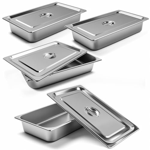 1/1 Full Size 4 Deep Stainless Steel Hotel Pan Steam Pans 4PCS with Lids