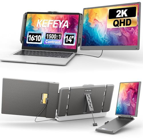 KEFEYA 2K Laptop Monitor Erweiterung-14 Tragbarer Monitor für Laptop, Stand & Lautsprechern, Plug & Play für Mac/Windows Laptops 13-16.5, Chrome, Switch, Dex