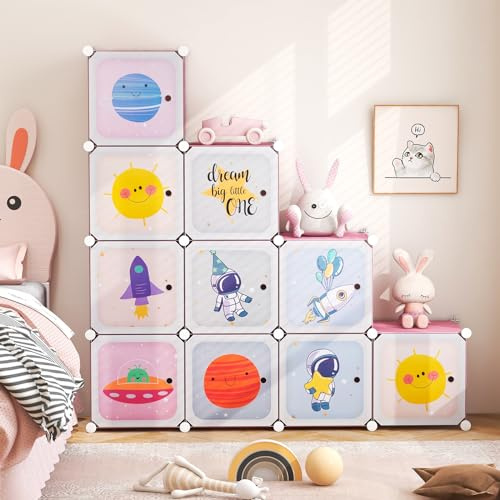 RELAX4LIFE Armadio Modulare a 8/12 Cubi per Bambini con 2 Barre Appendiabiti, 8/12 Ante, Mobile Salvaspazio per Cameretta e Asilo Nido, Portata di Ogni Cubo 10 KG (Astronauta-12 Cubi,Rosa)