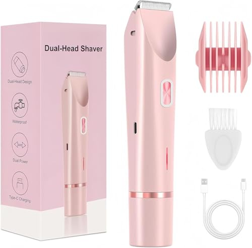Bikini Trimmer, 2-in-1 Lady Shavers for Women, Electric Razor for Women, Wet & Dry Use, Rechargeable Electric Shaver for Bikinis Legs Intimate Areas, Replaceable Ceramic Blade, Pink