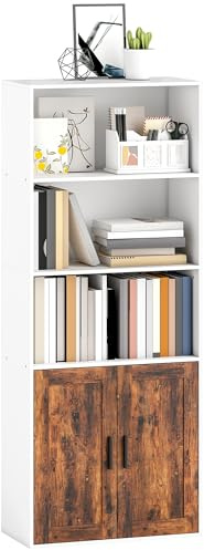 HOMCOM 5-Tier Bookcase, Tall Bookshelf with 2 Doors, Open Shelves and Adjustable Shelf, Free Standing Storage Shelving Unit for Living Room, Study, Home Office, Rustic Brown