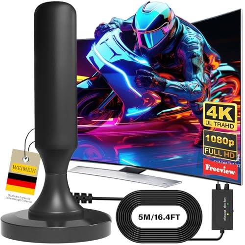 Antenna TV Interna 2025 Antenna TV Interna Amplificata Potente, Terrestre con 500 km di Ricezione con Base Magnetica, Amplificatore di Segnale Support 4K HD/1080P per HDTV (Nero)
