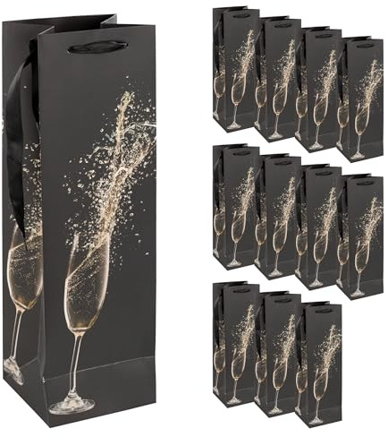 Idena 90412 - Sacs pour bouteilles Flûte de champagne, 12 pièces en noir, Sacs cadeaux de taille 39 x 12 x 10 cm, Sacs cadeaux pour l'anniversaire