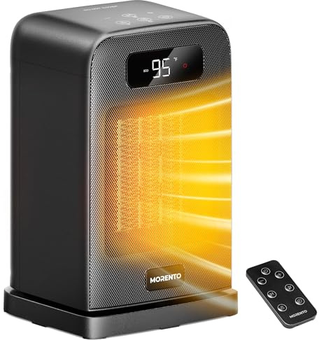MORENTO Space Heater, 70° Oscillation, LED Display, 12H Timer, Thermostat, Overheat Protection, ECO, Small Space Heaters for Indoor Use, 1500W Ceramic, Heater for Bedroom, Office, Home (Black, 1 Pack)