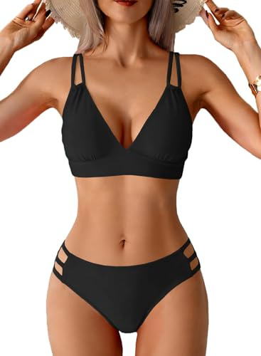 CheChury High Waisted Bikini Sets for Women Tummy Control Push Up Bikini Padded V Neck Straps Cross Mid Rise Triangle Bikini Swimming Costume Women 2 Piece Swimsuit Bathing Suit Swimwear,Black,M