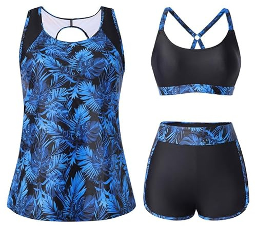 Hanna Nikole Tankini da donna a 3 pezzi, costume da bagno modellante, moda mare sportiva, top bikini push up e pantaloncini da bagno a vita alta con tasche, abbigliamento da bagno regolabile, costume