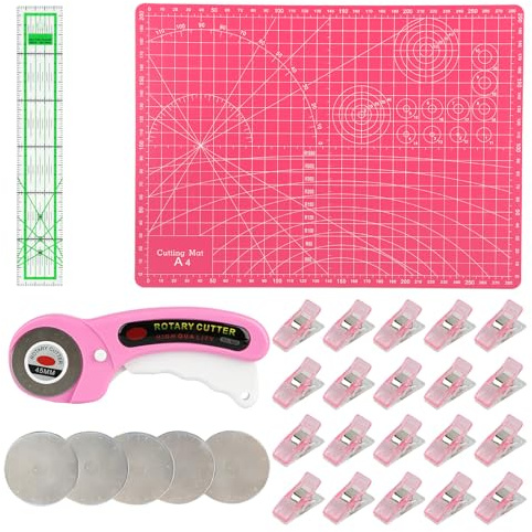 Rotary Cutter Set,Quilting Kit - A4 Cutting Mat, 45mm Rotary Cutter, 5 Extra Rotary Blades, Acrylic Ruler and 20 Sewing Clips, Fabric Cutter for Cutting Fabric, Sewing, Leather and Paper