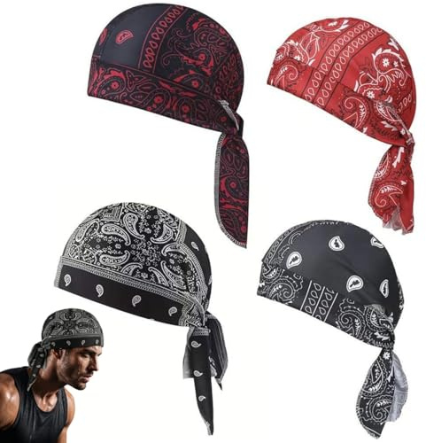 4 Pack Paisley Cooling Headscarf Cap Set, Bandana Beanie, Adjustable Motorcycle Helmet Liner, Breathable Printed Bandana Hat Pirate Head Wrap Safety Elastic Fit (B)