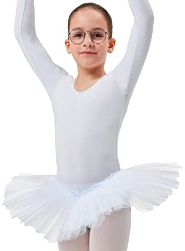 tanzmuster ® Ballettkleid Mädchen Langarm - Alea - (Größe 92-170) Tutu aus weicher Baumwolle Ballettbody Ballett Trikot in weiß, Größe 164/170
