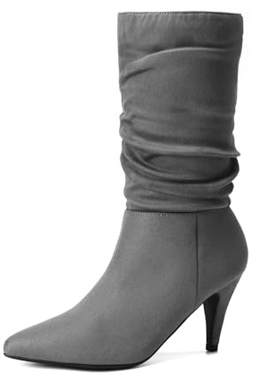 DREAM PAIRS Women's High Heel Pointed Toe Mid Calf,Light/Grey/Suede,10