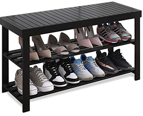 SMIBUY Schuhbank, Schuhregal aus Bambus, Schuhschrank mit Sitzbank, Schuhständer mit 3 Ablagen, Stabil Standregal ideal für Flur, Eingang, Bad, Wohnzimmer, Diele, Schwarz