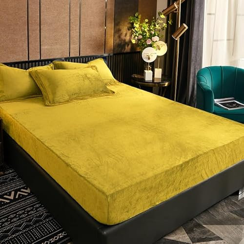 Luofanfei Winter Fleece Spannbettlaken 90x200 cm Warm Gelb Plüsch Bettlaken Warme Cashmere Touch Kuschelig Flauschig Flanell Spannbetttuch für Matratze Hohe für bis 30 cm