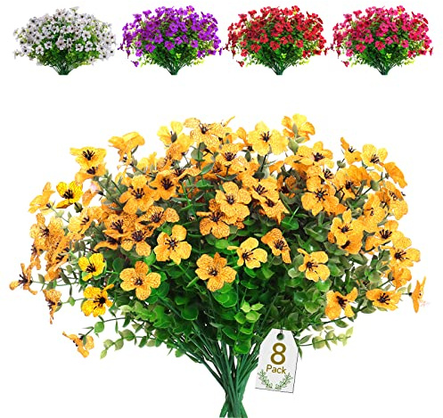 SOMYTING 8 Piezas Flores Artificiales Flor Falsa Decorativas Exterior Resistentes a los rayos UV no se Decoloran Plantas Artificiales Verdes Jardines Porches Ventanas Arbustos Decorativo (Amarillo)