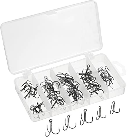 PATIKIL 6#4#2#1#1/0# Drillinge Angelhaken scharfer runder gebogener Haken aus Kohlenstoffstahl mit DREI Widerhaken für Süßwasser-Salzwasser, schwarz