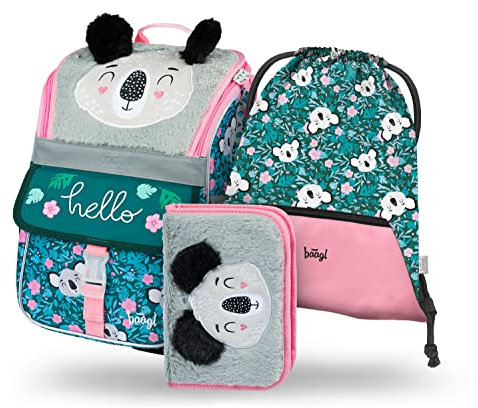 Baagl Schulranzen Mädchen Set 3 Teilig, Zippy Schultasche für 1. Klasse, Grundschule Ranzen Tornister mit Brustgurt, Ergonomischer Schulrucksack (Baby Koala)