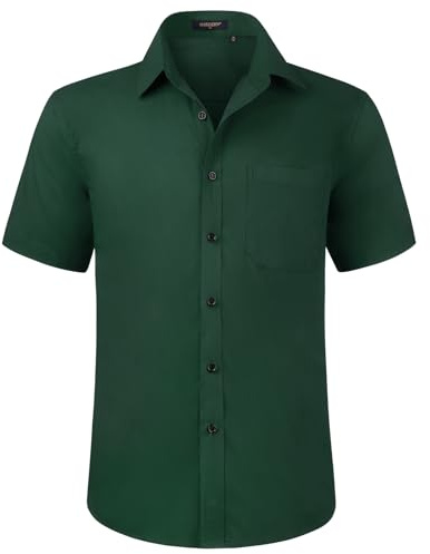 HISDERN Kortärmad skjorta för män casual sommarskjorta vanlig passform knäppt formell klänning skjorta med bröstficka S-4XL, Mörkgrön, S