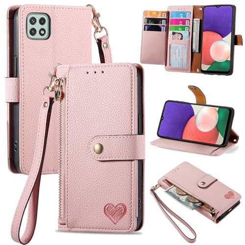 VEEMOS Zipper Wallet Case for Samsung Galaxy A22 5G Phone Case with Purse Card Holders RFID Blocking Leather Flip Case Book Cover Wrist Strap Women - Pink