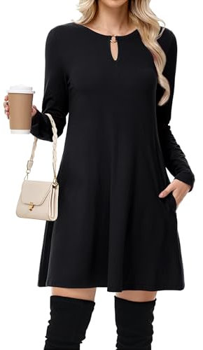 Tanmolo Kleid Damen Elegant Knielang mit Taschen Freizeitkleid A Linie Fließend Langarm Herbst und Winter (Schwarz XXL)
