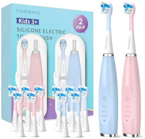 FUMEIKANG Kids Electric Toothbrushes 2 Pack Smart Sonic Toothbrush for Boys and Girls 3 4 5 6 7 8 9 10 11 12 (Blue+Pink, 2 Pack)