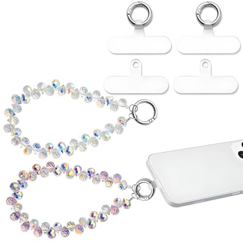 agogue 6 cadenas de perlas para teléfono móvil, cadena de perlas cortas, correa de mano para teléfono móvil, 2 unidades, color blanco y morado con 4 almohadillas (15 cm)