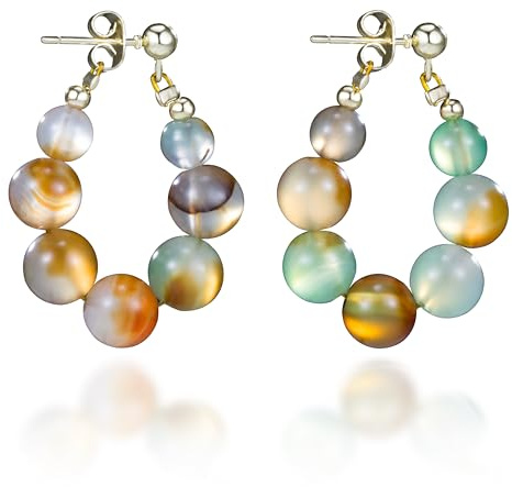 Melhill Agate Tiger Eye Beaded Hoop Earrings Gold Plated Hypoallergenic Natural Quartz Healing Gemstone Crystal Lightweight Boho Statement Jewellery for Women